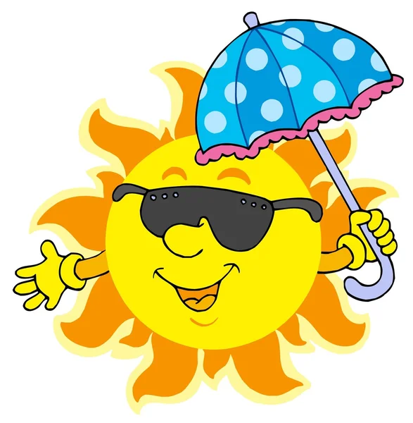 Sun in sunglasses with umbrella — Stock Vector