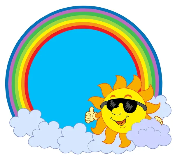 Sun with cloud in rainbow circle — Stockvector