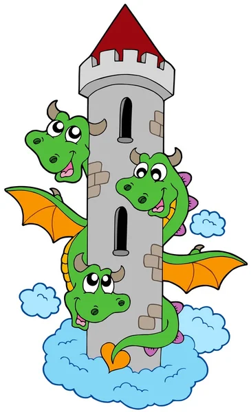 Dragón de tres cabezas con torre — Vector de stock