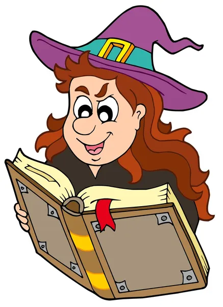 Chica mago leyendo libro de magia — Vector de stock