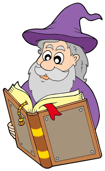 Волшебник, читающий магическую книгу — стоковый вектор