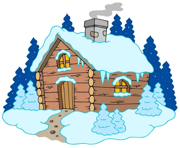 Wooden cottage in winter landscape — Stock Vector