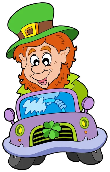 Cartoon leprechaun driving car — Stock Vector