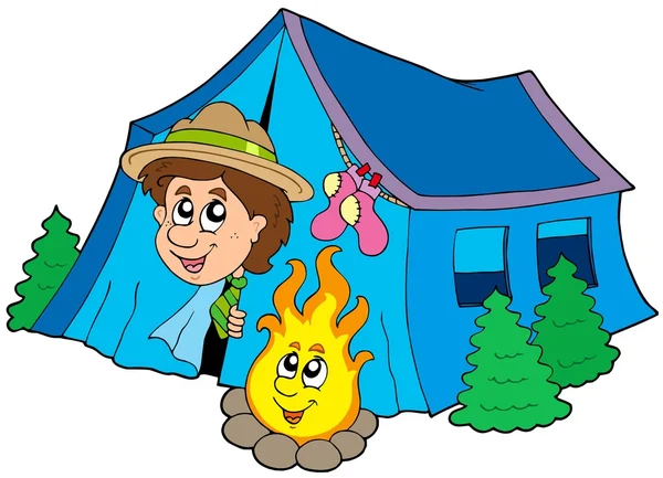 Scout camping in tent — Stock Vector