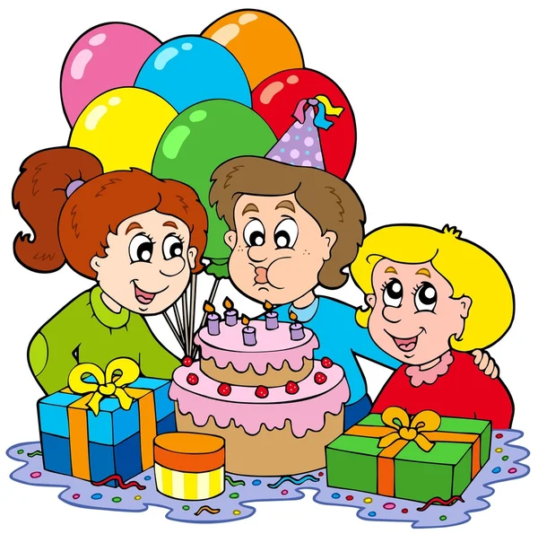 Três crianças na festa de aniversário — Vetor de Stock