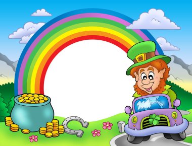 Rainbow frame with leprechaun in car clipart