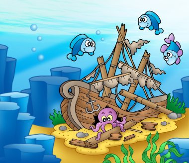 Shipwreck with octopus and fishes clipart