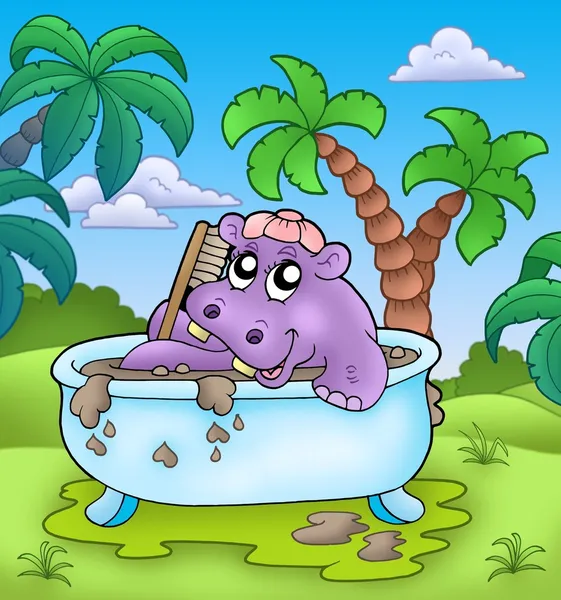 Lindo hipopótamo tomando barro baño — Foto de Stock