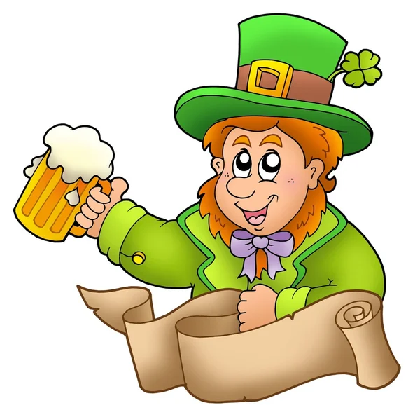 Banner with leprechaun holding beer — Stock Photo, Image