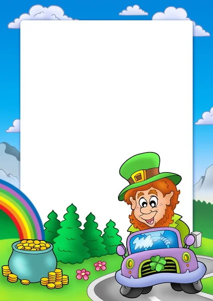 Frame with leprechaun driving car — Stock Photo, Image