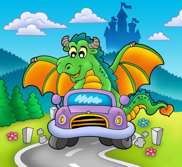 Green dragon driving car — Stock Photo, Image