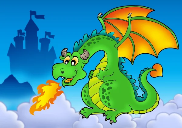 Зеленый дракон с замком — стоковое фото