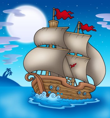 Old boat sailing sea at night clipart