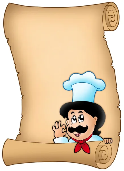 Pergamena con cuoco cartone animato in agguato — Foto Stock