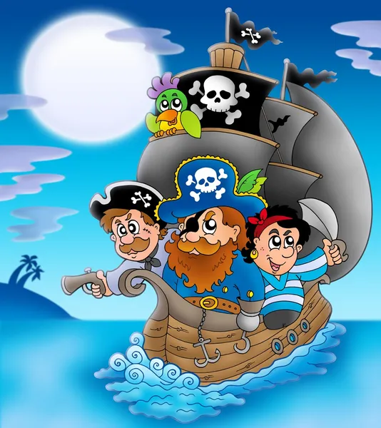 Barca a vela con pirati dei cartoni animati di notte — Foto Stock