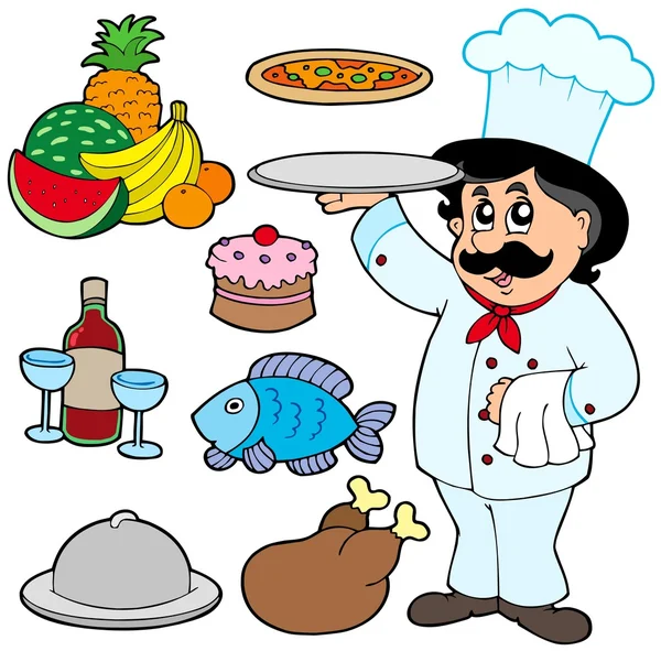 Cartoon chef-kok met diverse maaltijden — Stockvector