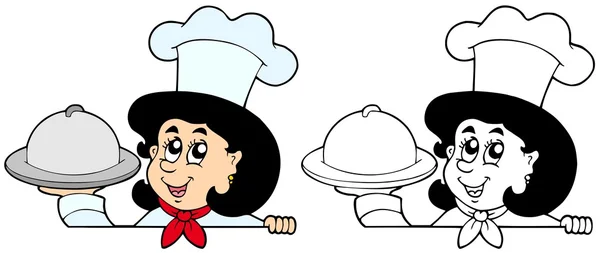 潜伏着的女人厨师与膳食 — 图库矢量图片