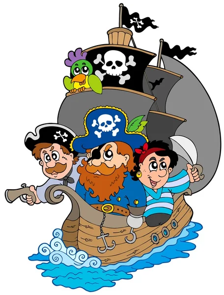Корабль с различными мультяшными пиратами — стоковый вектор