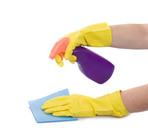 Hand with spray bottle and sponge — Stock Photo, Image