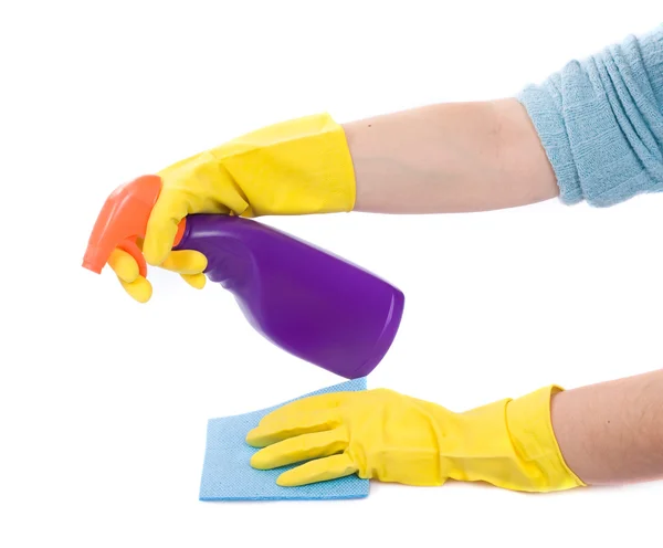 Hand with spray bottle and sponge — Stock Photo, Image