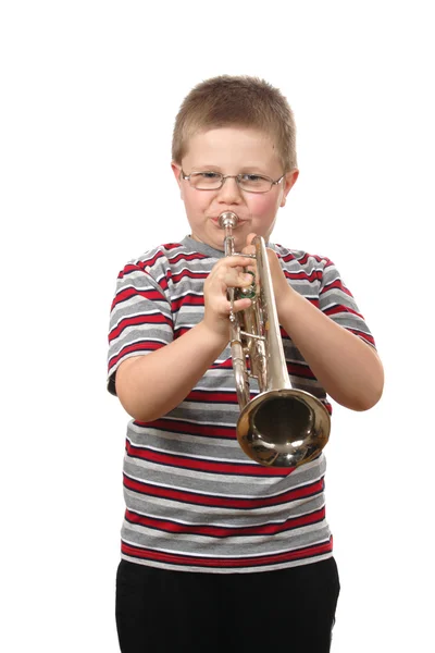 Dreng blæser trompet - Stock-foto