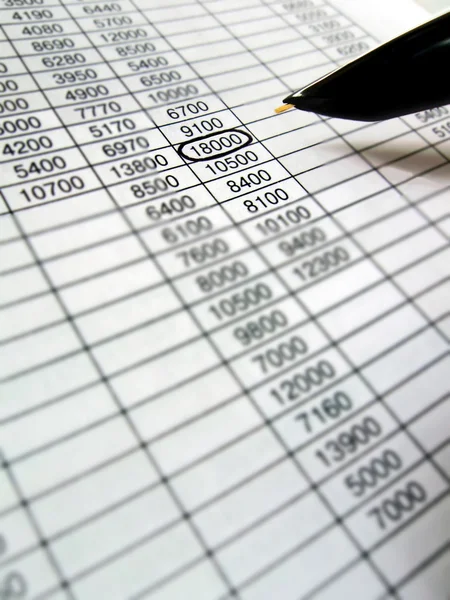 Planilha, análise de dados financeiros, caneta — Fotografia de Stock