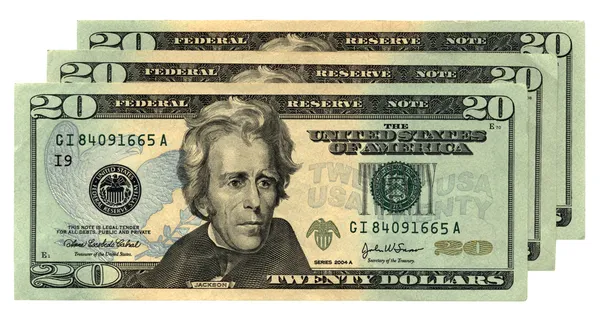 Line of twenty dollars isolated on white — Stock Photo, Image