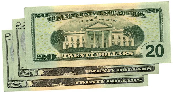 Heap of twenty dollars isolated on white — Stock Photo, Image