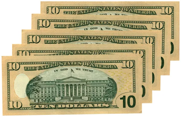 Куча десяти долларов, изолированных на белом — стоковое фото