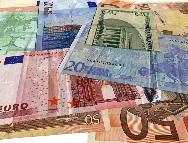 Σωρού, διαφορετικά ευρώ που απομονώνονται σε λευκό — Φωτογραφία Αρχείου