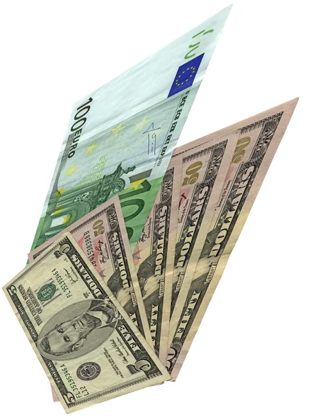Σωρού, διαφορετικά δολάρια, ευρώ, απομονωμένη — Φωτογραφία Αρχείου