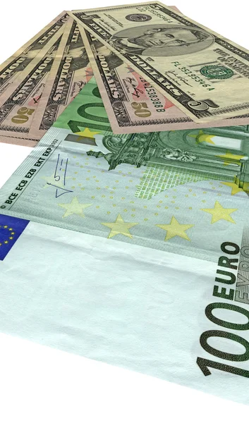 Heap, verschillende dollars, euro's geïsoleerd — Stockfoto