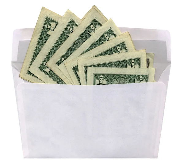 Witte envelop met dollars op wit — Stockfoto