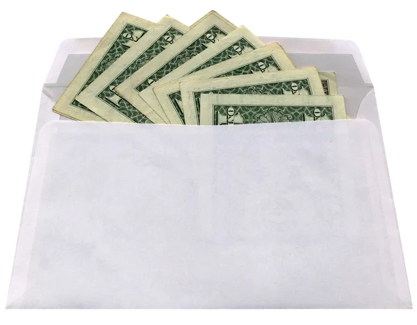 Белый конверт с долларами на белом пакете — стоковое фото