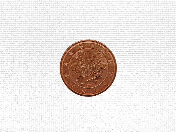 Moeda de um cêntimo de euro, folhas de carvalho isoladas — Fotografia de Stock