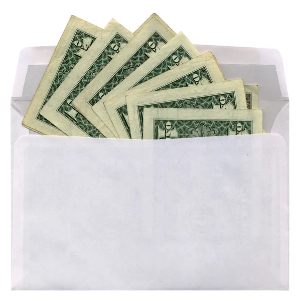 Bílá obálka s dolary na bílém pozadí — Stock fotografie
