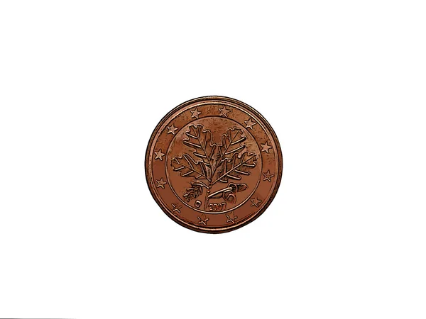 सफेद पृष्ठभूमि पर अलग ओक पत्तियों के साथ यूरो सेंट सिक्का . — स्टॉक फ़ोटो, इमेज