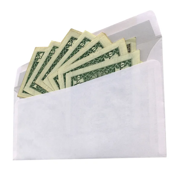 Vitt kuvert med dollar på vit — Stockfoto