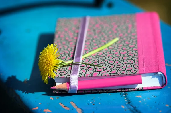 Poznámkový blok, tužku a květina — Stock fotografie