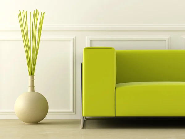 Πράσινο καναπέ στο λευκό δωμάτιο — Φωτογραφία Αρχείου