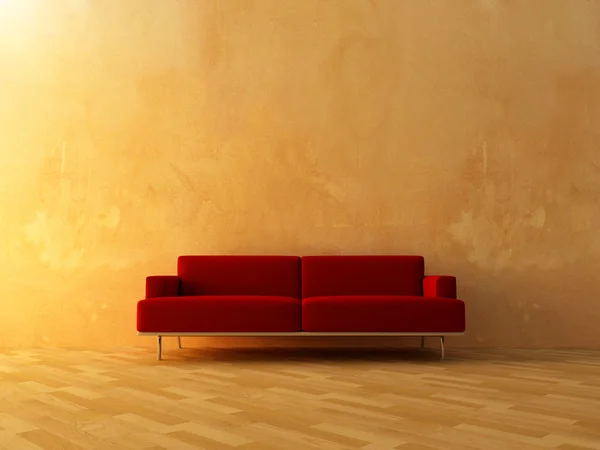 Interiér - červený gauč na prázdné zdi — Stock fotografie