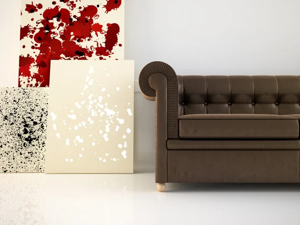 Шкіряний диван і абстрактне полотно — стокове фото