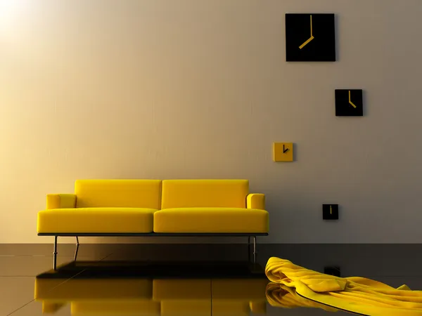 Interieur - gelber Samt, Sofa und Klamotten — Stockfoto