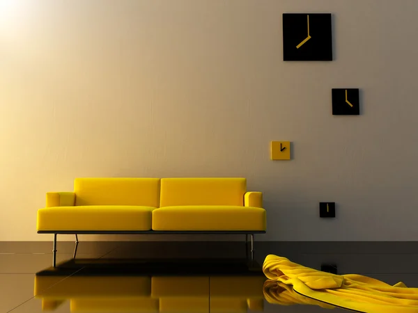 Interior - Yellow velvet, sofa and cloks — Stock Photo, Image