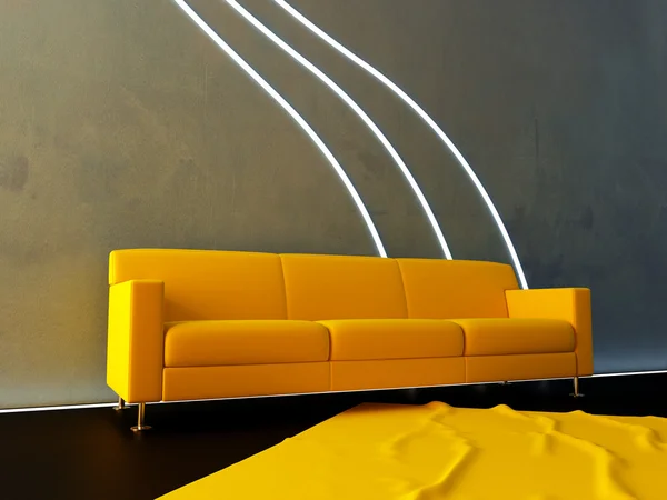 Interior - Sofá amarillo y onda de neón —  Fotos de Stock