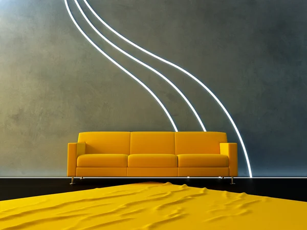 Interior - sofá amarelo e onda de néon — Fotografia de Stock