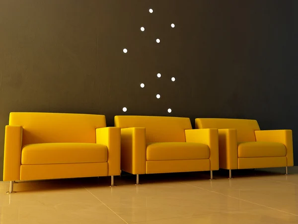 Интерьер - три желтых сиденья в ожидании — стоковое фото