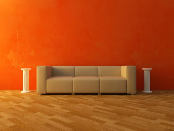 Εσωτερικό - άνετο καναπέ σε κόκκινο τοίχο — Φωτογραφία Αρχείου