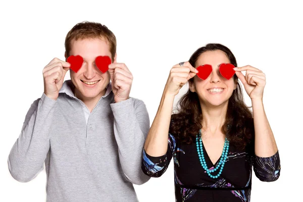 Couple in love with red heart — Stock Photo, Image