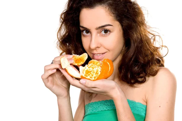 Portrait of beautiful woman with orange — Stock Photo, Image